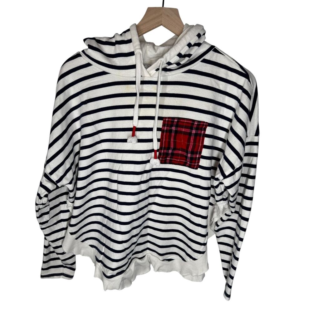 Crown & Ivy Women’s Hoodie Large Black White Stripe Red Plaid Pocket